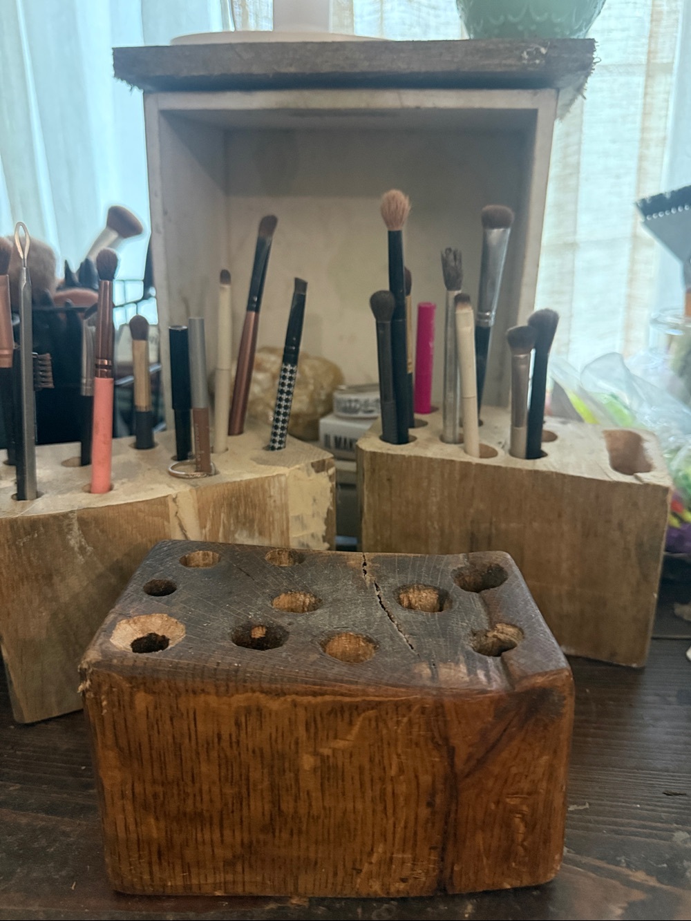 Handcrafted Wooden Brush Organizer - Warm Brown